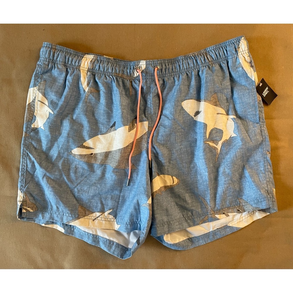 Lands' End Mens  Swim Trunks NWT Sz XXL 6" Blue Shark Print Pockets Beach